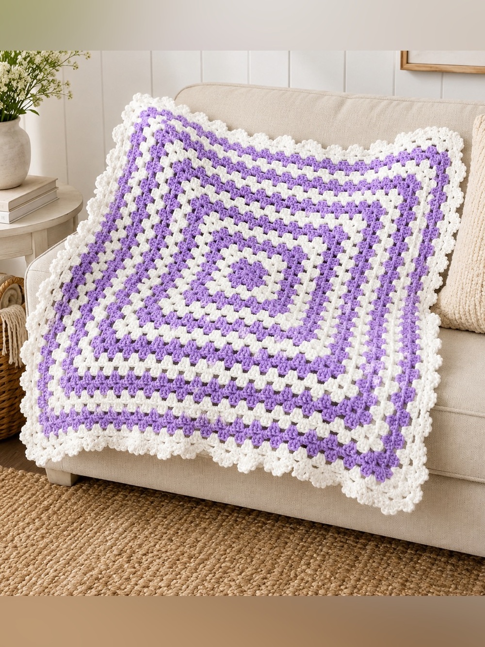 Handmade Crochet Granny Square Blanket Purple Lavender White Ruffle 28x28